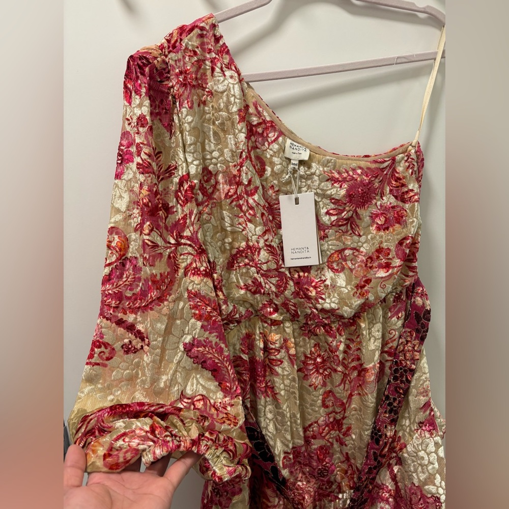 Hemant & Nandita NWT Red Beige Metalic Floral Mini Dress Size M - Picture 5 of 15